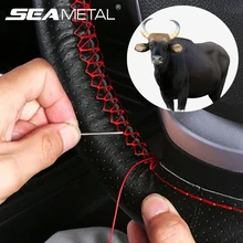 SEAMETAL Genuine Leather Car Steering Wheel Cover with Needles Thread DIY Braid 37-38cm Anti-Slip Cowhide Steer-Wheel Protector