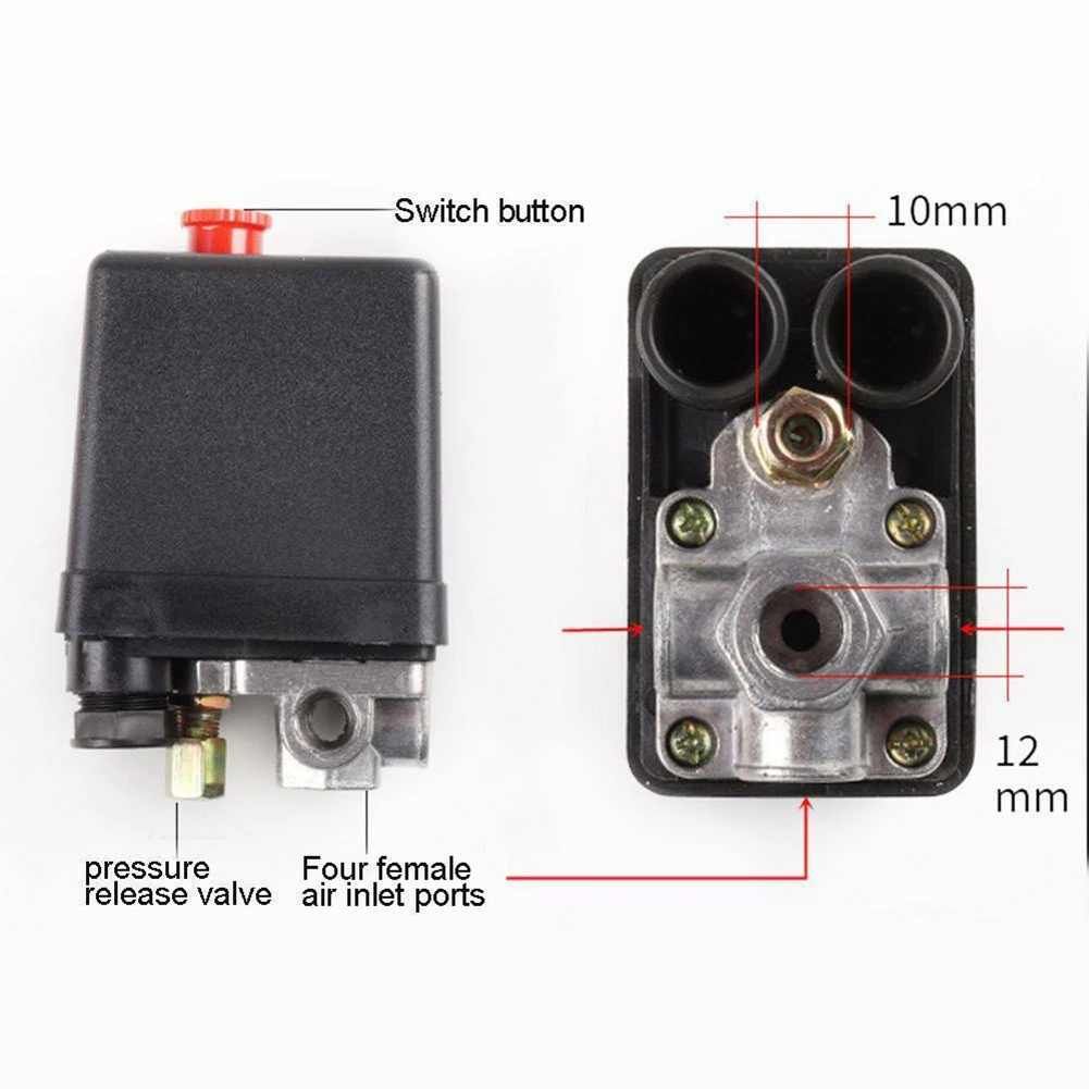 Air Compressor Pressure Switch 4 Port 1/4” BSP Control Valve Replacement Parts 90-120 PSI 240V Air Compressor Tool Parts
Air Compressor Pressure Switch 4 Port 1/4” BSP Control Valve Replacement Parts 90-120 PSI 240V Air Compressor Tool Parts