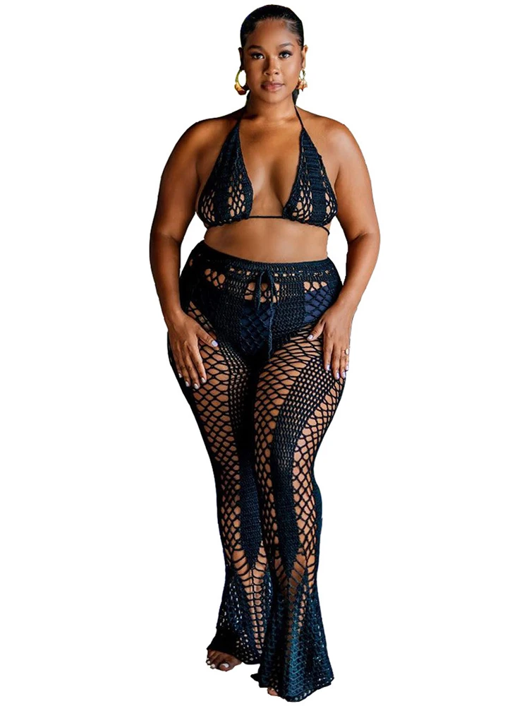 Two Piece Set Women Lace Up Halter Bra Tops And Flare Pant Suits Sets Summer New Solid Knitted Hollow Sexy Beach Holiday Outfits
Two Piece Set Women Lace Up Halter Bra Tops And Flare Pant Suits Sets Summer New Solid Knitted Hollow Sexy Beach Holiday Outfits