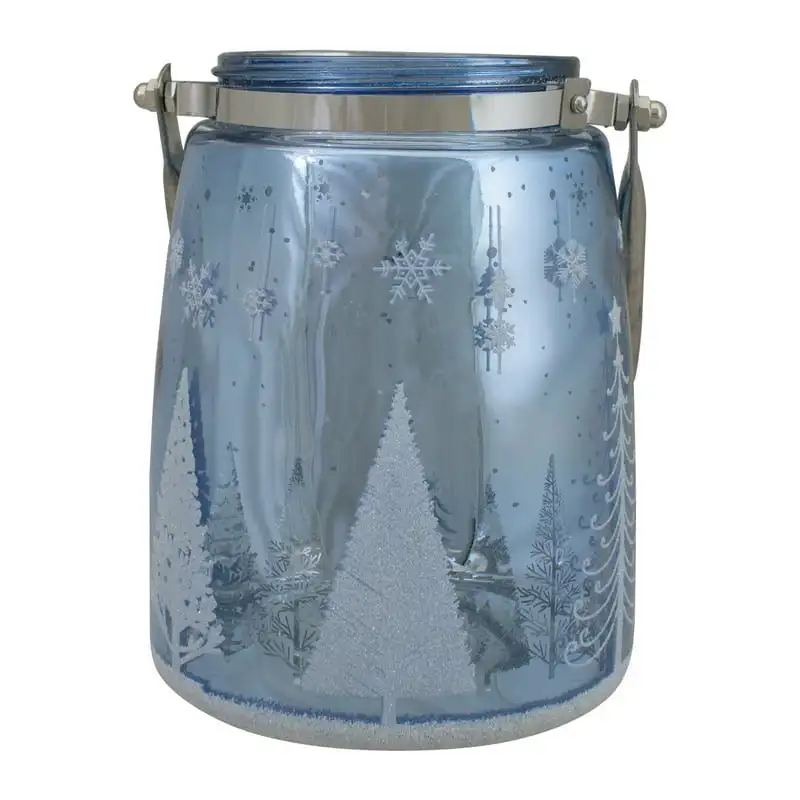 Shiny Blue and Silver Winter Forest and Snowflake Christmas Flameless Candle Lantern 
Shiny Blue and Silver Winter Forest and Snowflake Christmas Flameless Candle Lantern