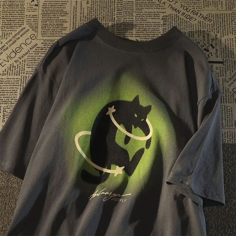 American Retro Cat Fashion Brand Pure Cotton Short Sleeved T-shirt for Men and Women Oversize Loose and Versatile Couple Top 
American Retro Cat Fashion Brand Pure Cotton Short Sleeved T-shirt for Men and Women Oversize Loose and Versatile Couple Top