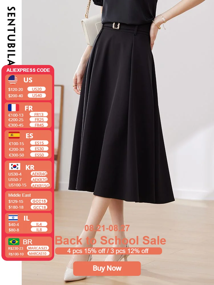 

Sentubila Women's Black Midi A Line Skirts for Women 2023 Elegant Vintage Solid Mid Rise Flared Swing Umbrella Skirt with Belt