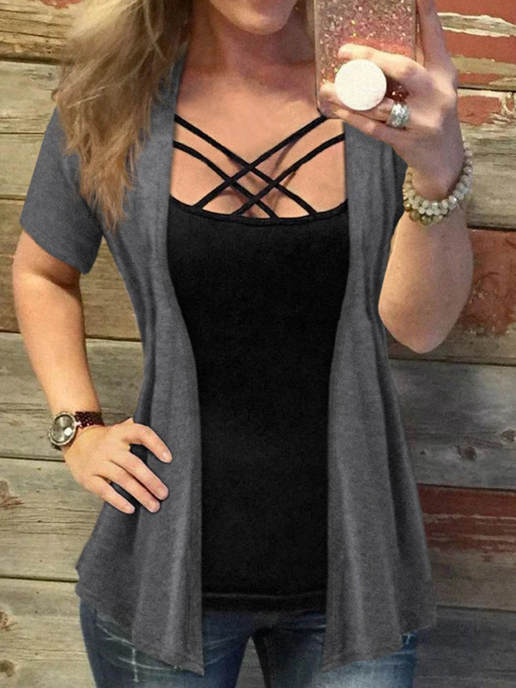 Trendy Criss-Cross Summer Blouse Fake Two-Piece Camisole Top Cardigan Design Shirt Short Sleeve Summer Casual Loose Fit Blouses
Trendy Criss-Cross Summer Blouse Fake Two-Piece Camisole Top Cardigan Design Shirt Short Sleeve Summer Casual Loose Fit Blouses