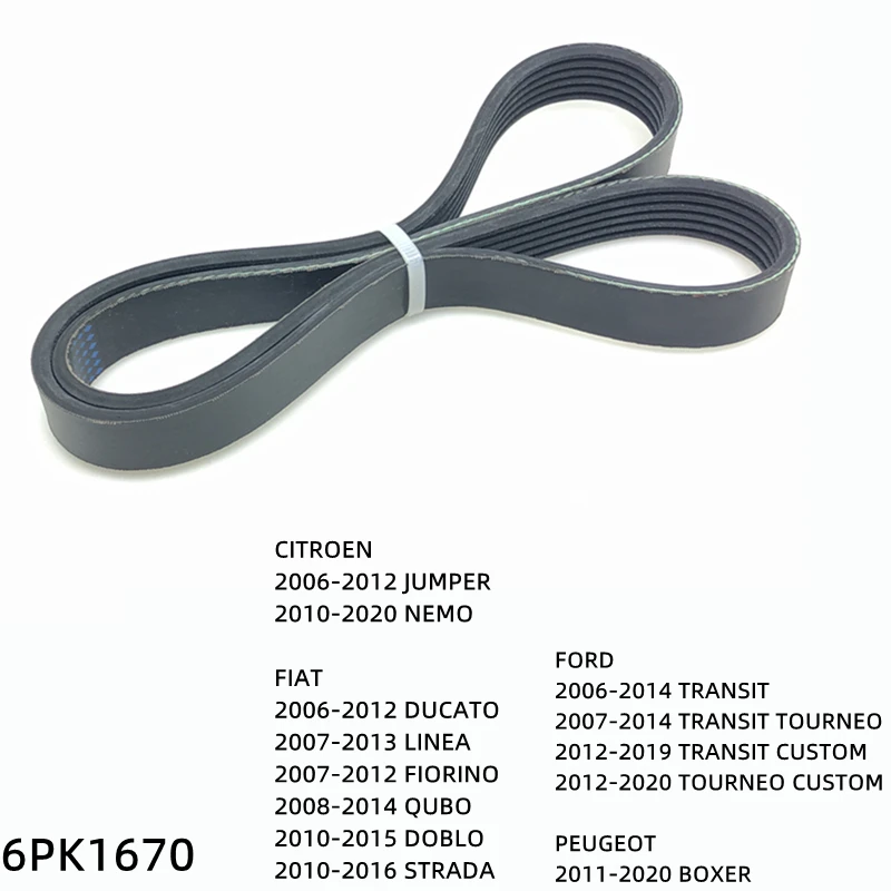 6PK1670 Engine Air Conditioner Belt V-Ribbed Belts Drive For FORD TRANSIT TOURNEO CUSTOM PEUGEOT BOXER 
6PK1670 Engine Air Conditioner Belt V-Ribbed Belts Drive For FORD TRANSIT TOURNEO CUSTOM PEUGEOT BOXER