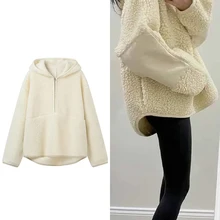 Autumn And Winter New Loose Asymmetrical Plush Womens Coat Casual Lightweight Solid Color Hooded Jumper Oversized Sweatshirt