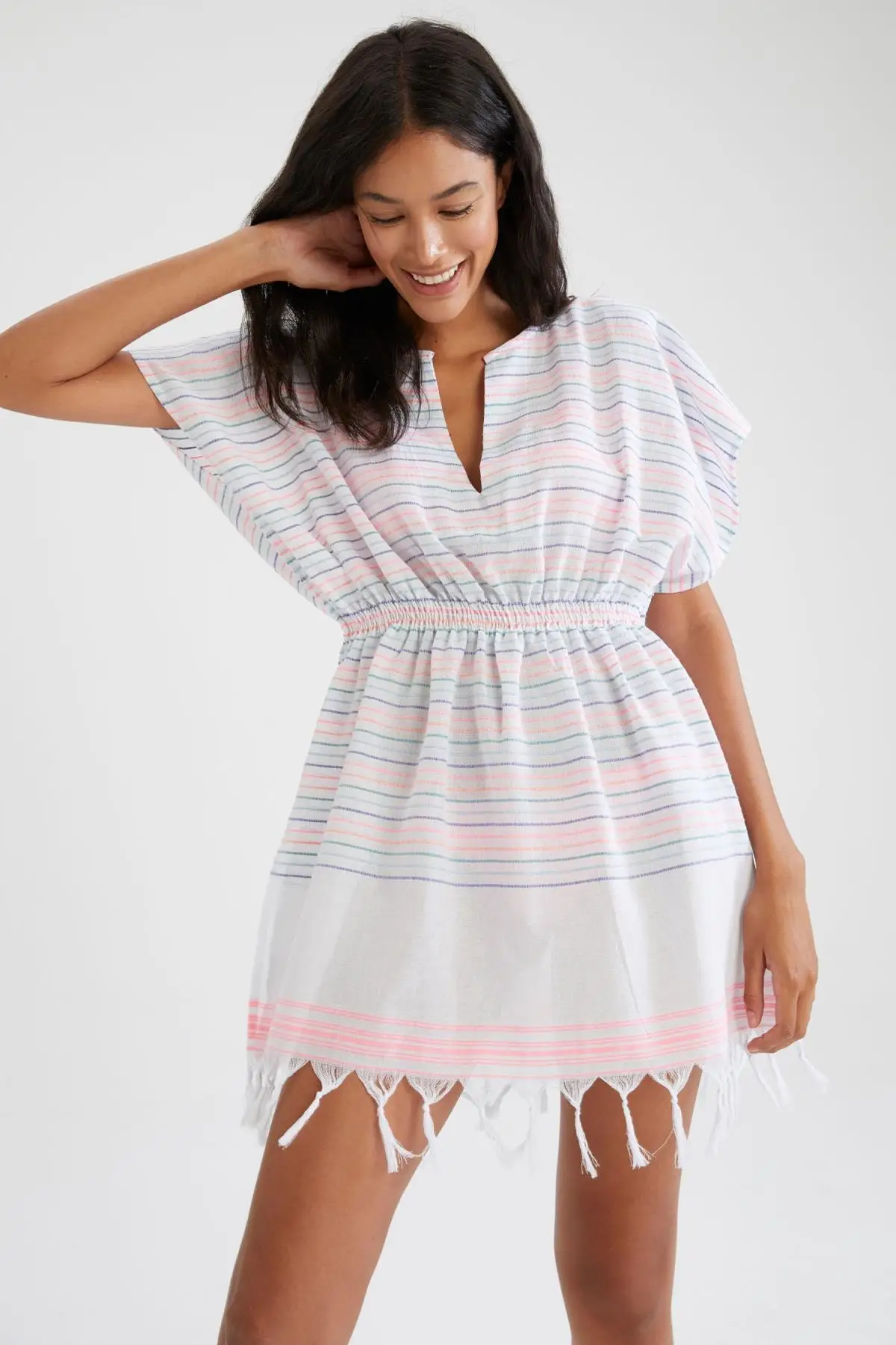 Women's Pareo Pink Striped V-Neck Tassel Detail Elastic Waist Mini Beach Dress Swimwear Cover Up Dress Sexy Tunic
Women's Pareo Pink Striped V-Neck Tassel Detail Elastic Waist Mini Beach Dress Swimwear Cover Up Dress Sexy Tunic