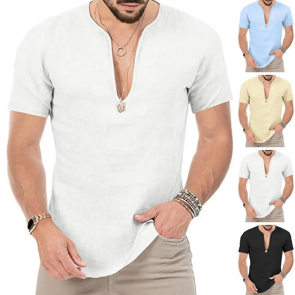 

Легкая рубашка, стильная мужская пляжная одежда, облегающая футболка с V-образным вырезом на лето, Повседневный пуловер, топ в однотонных расцветках, идеальный мужской