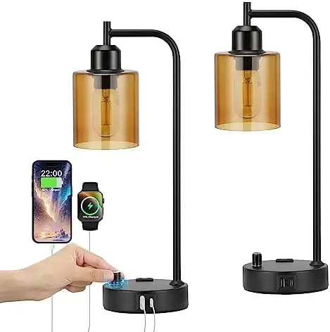 

Table Lamps for Bedrooms Set of 2 - Fully Dimmable Bedside Lamps with USB A and C Ports and Outlet, Black Nightstand Lamps with