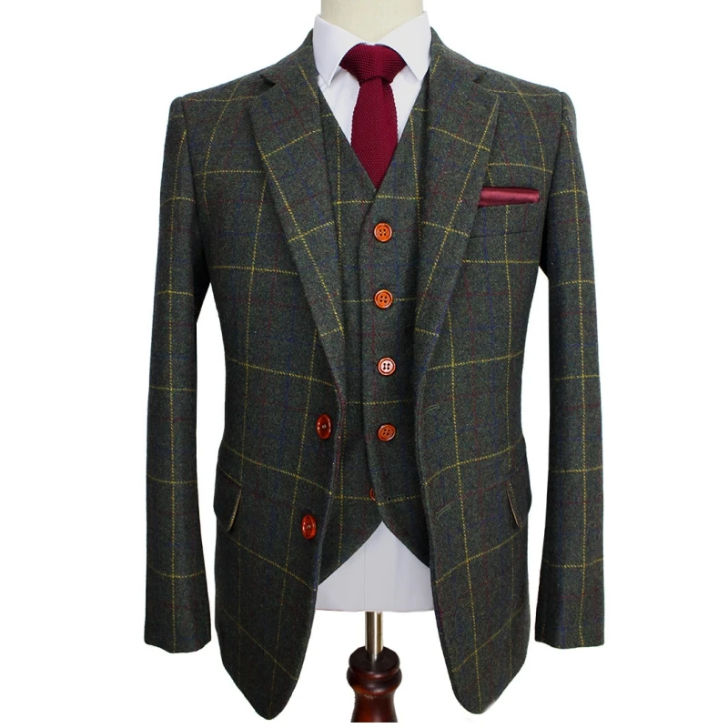 

Lansboter Dark Green Ckeck Tweed Custom Made Men Suit Blazers Retro Tailor Slim Fit Wedding Suits For 3 Piece Jacket Pants Vest