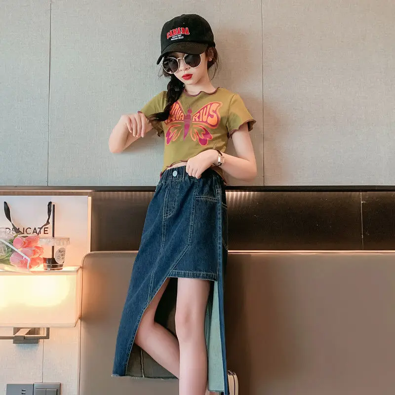 Asymmetric Slit Elegant Denim Dress Suits Tide Hot Sale Short Sleeve Skirts Summer Korea Girl 2PCS 2023 New Clothes Set Children
Asymmetric Slit Elegant Denim Dress Suits Tide Hot Sale Short Sleeve Skirts Summer Korea Girl 2PCS 2023 New Clothes Set Children