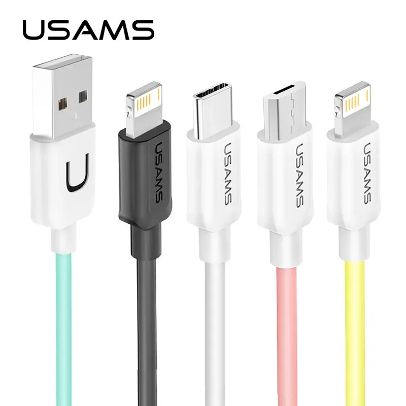 

USAMS 1m 2A Colorful Charge Data Cable Lightning Type C Micro USB Phone Cable For iPhone 13 12 11 X 8 Huawei Xiaomi Samsung