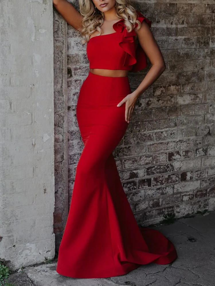 Slim Sleeveless One Shoulder Formal Evening Party Solid Ruffled Long Women's Sets Crop Tops Maxi Skirt
Slim Sleeveless One Shoulder Formal Evening Party Solid Ruffled Long Women's Sets Crop Tops Maxi Skirt
