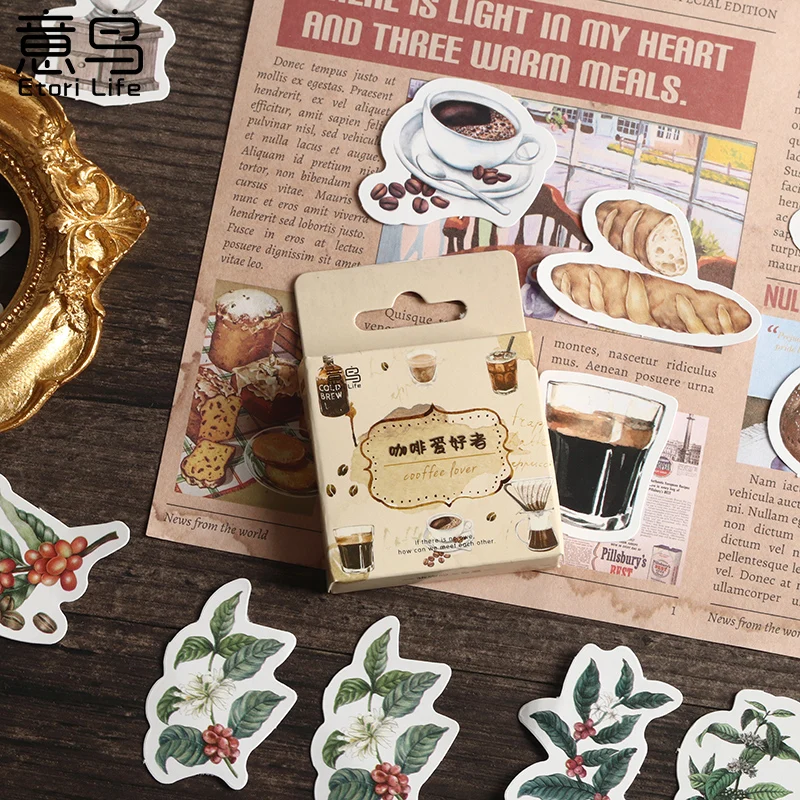 

46 Pcs Mini Boxed sticker vintage Coffee Handbook decorative material collage stickers gourmet bread baking food Scrapbooking