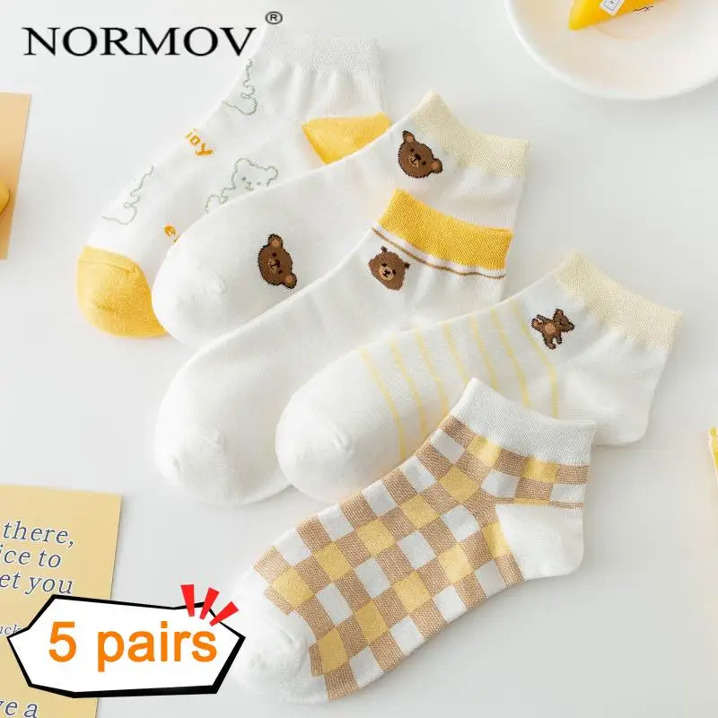 

NORMOV 5 Pairs of Women Short Tube Invisible Cotton Socks Cute Little Bee Pattern Women's Socks Spring and Summer Women Socks
