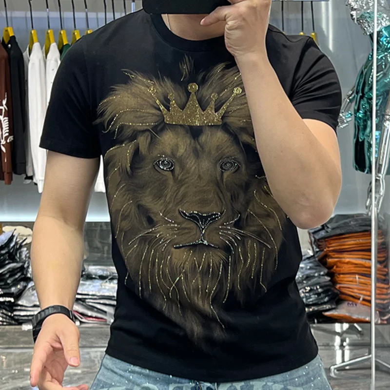 

Summer New Fashion Short Sleeve Men's Casual Round Neck Lion Print Hot Diamond Slim Fit T-shirt Versatile Poleras Hombre