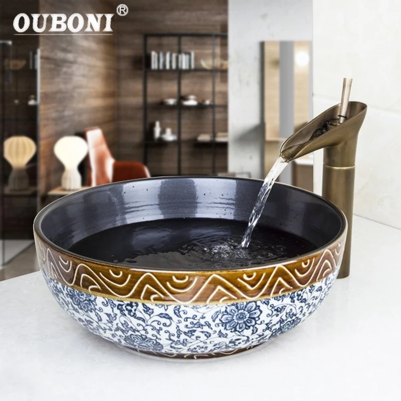 OUBONI Waterfall Antique Brass Art Ceramic Vessel Sink Bathroom Faucet Bathroom Sink Set & Design Black Inside Basin Mixer T
OUBONI Waterfall Antique Brass Art Ceramic Vessel Sink Bathroom Faucet Bathroom Sink Set & Design Black Inside Basin Mixer T