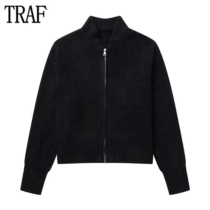 

TRAF Black Zip Bomber Jacket Woman Knit Cropped Jackets for Women Coats Ribbed Oversize Jacket Women Long Sleeve Casual Knitwear