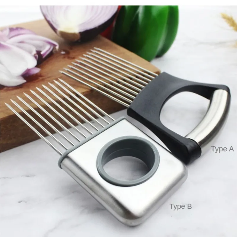 

New Stainless Steel Onion Cutte Food Slice Assistant Vegetable Holder Meat Tenderizer Onion Chop Fruit Tomato Cutter Slicer Good