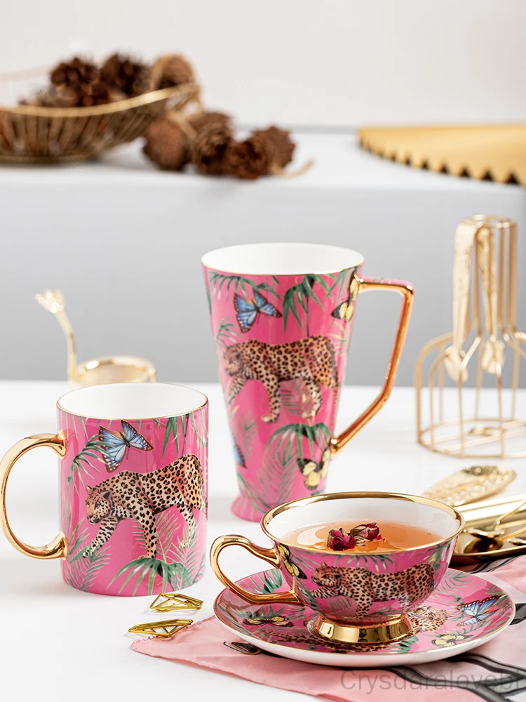 

Креативная розовая кружка из костяного фарфора, леопардовый лес, гепард, керамическая кофейная чашка, для молока, воды, послеобеденного чая, посуда для питья дома, посуда для напитков