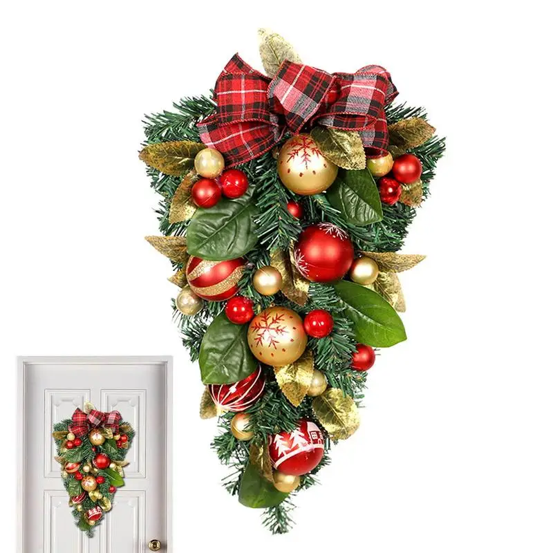 

Christmas Door Wreath Artificial Pine Tree Christmas Wreath With Green Gold Leaves Baubles Bow Knot Decor Winter Christmas Home