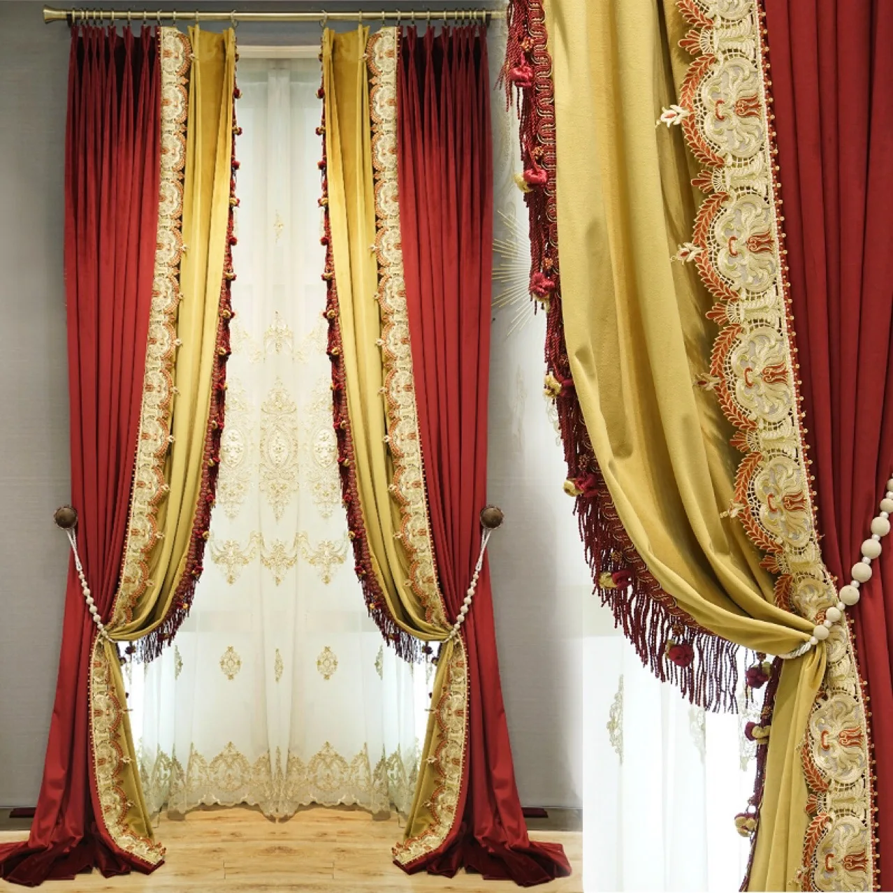 Luxury Curtains for Living Room Dining Bedroom European Red Velvet Treatment Lace Beads Home Decoration Yellow Window
Luxury Curtains for Living Room Dining Bedroom European Red Velvet Treatment Lace Beads Home Decoration Yellow Window
