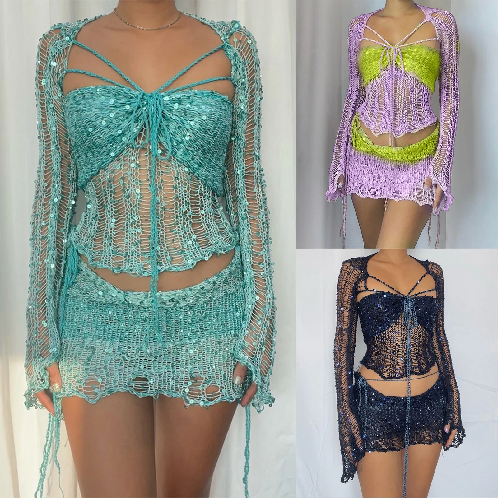 Women Halter Top Cardigan Skirt Navel Exposed Ladies Sequins 3 Piece Skirt Sets Backless Hollow Out Clubwear Clothing
Women Halter Top Cardigan Skirt Navel Exposed Ladies Sequins 3 Piece Skirt Sets Backless Hollow Out Clubwear Clothing