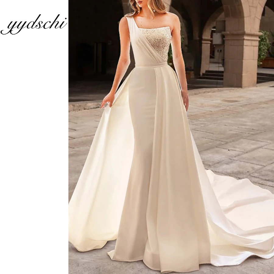 Exquisite A-Line Wedding Dress Sparkly Appliques One Shoulder Party Beading Bridal Slim Floor Length Court Train Dress For Women
Exquisite A-Line Wedding Dress Sparkly Appliques One Shoulder Party Beading Bridal Slim Floor Length Court Train Dress For Women