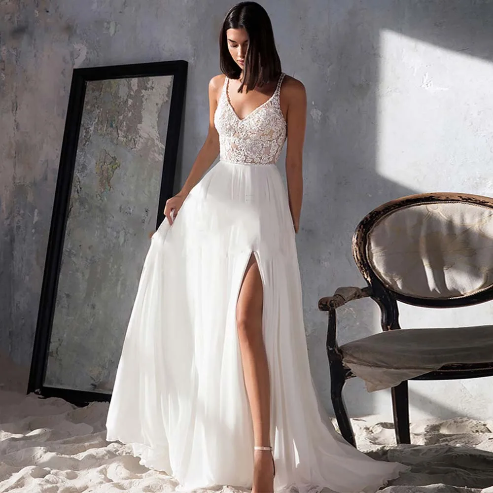 Simple Wedding Dresses For Women V-Neck Front High Split Bride Dress 2022 Lace Appliques Chiffon Spaghetti Straps Bridal Gown
Simple Wedding Dresses For Women V-Neck Front High Split Bride Dress 2022 Lace Appliques Chiffon Spaghetti Straps Bridal Gown