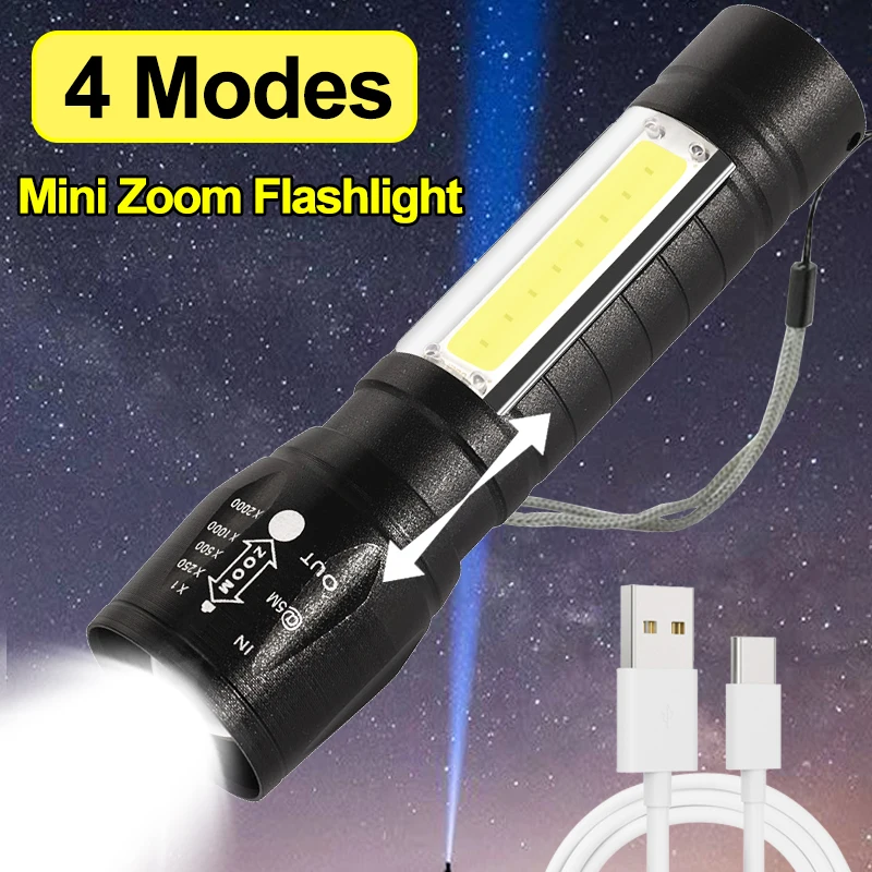 

4 Modes Mini LED Flashlights XPE COB Zoom Flashlight USB Charging Torch Lights Waterproof Outdoor Camping Lamp Lantern with Rope