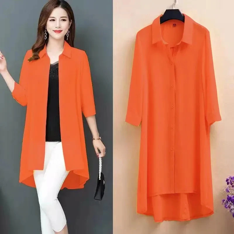 Spring Chiffon Shirt New High-end Mid-length Women's Clothing 2022 Summer Trendy Solid Color top Sunscreen Clothing A1035
Spring Chiffon Shirt New High-end Mid-length Women's Clothing 2022 Summer Trendy Solid Color top Sunscreen Clothing A1035