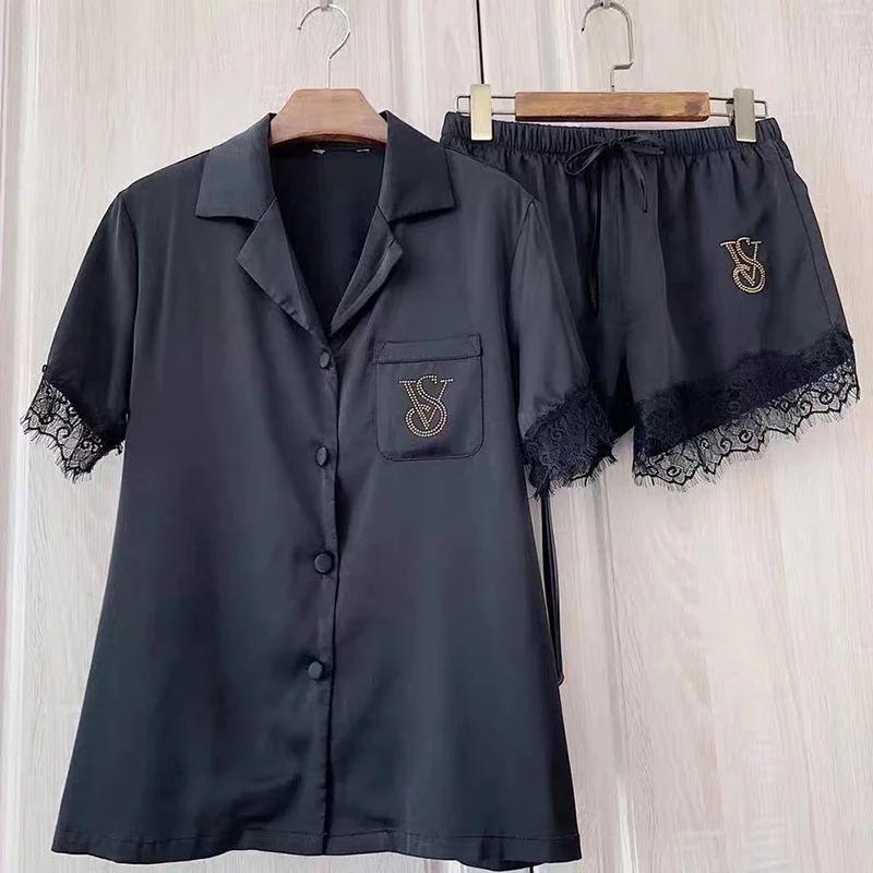 Two Pieces Pajamas Set for Women Lace Patchwork Satin Silk Sleepwear Pyjamas High Quality Summer Ladies Lounge Wear Home Suit
Two Pieces Pajamas Set for Women Lace Patchwork Satin Silk Sleepwear Pyjamas High Quality Summer Ladies Lounge Wear Home Suit