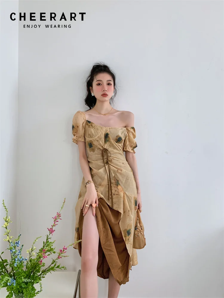 CHEERART, коричневое винтажное длинное платье с открытыми плечами, туники для женщин 2022, летнее женское платье с пышными рукавами и открытой спиной
CHEERART, коричневое винтажное длинное платье с открытыми плечами, туники для женщин 2022, летнее женское платье с пышными рукавами и открытой спиной