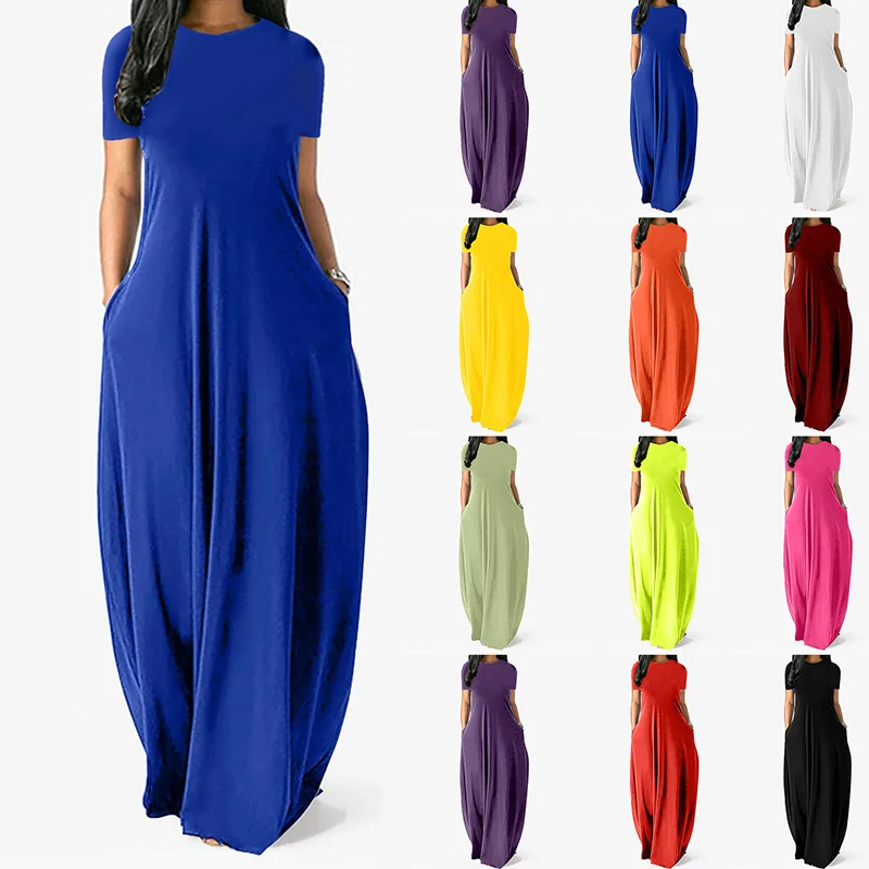 Women Solid Color Long Dresses Short Sleeve Summer O-Neck Evening Dress Beach Dress Fashion Elegant
Women Solid Color Long Dresses Short Sleeve Summer O-Neck Evening Dress Beach Dress Fashion Elegant