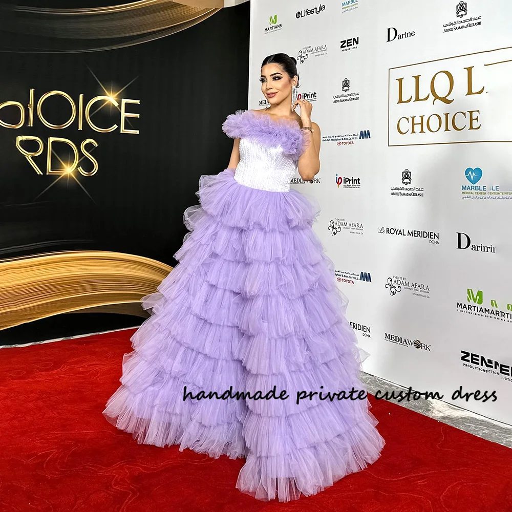 

Lavender Strapless Prom Party Dresses Tiered Pleats Tulle Women Celebrate Occasion Dress Customized Evening Party Gowns