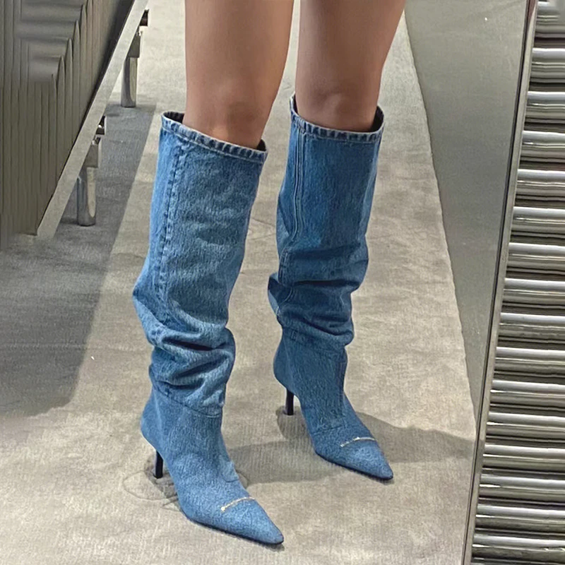 

Женские ковбойские сапоги с острым носком, однотонные плиссированные сапоги до колена на высоком каблуке, размер осени, 2023