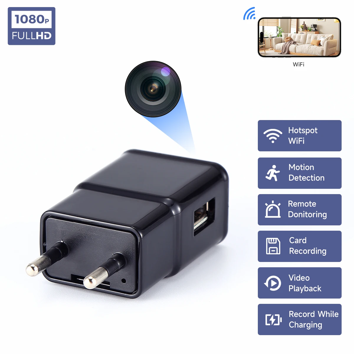 1080p Wifi Mini Charger Camera Plug Camera Full HD USB Camera Wireless Video Recorder 5V Charger Home Security Micro Camcorders
1080p Wifi Mini Charger Camera Plug Camera Full HD USB Camera Wireless Video Recorder 5V Charger Home Security Micro Camcorders