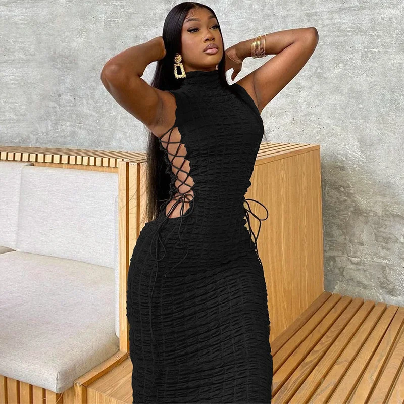 Lace Up Side Hollow Out Dress Women Summer Solid Turtleneck Sleeveless Sexy Package Midi Stacked Dress Club Party Vestido
Lace Up Side Hollow Out Dress Women Summer Solid Turtleneck Sleeveless Sexy Package Midi Stacked Dress Club Party Vestido