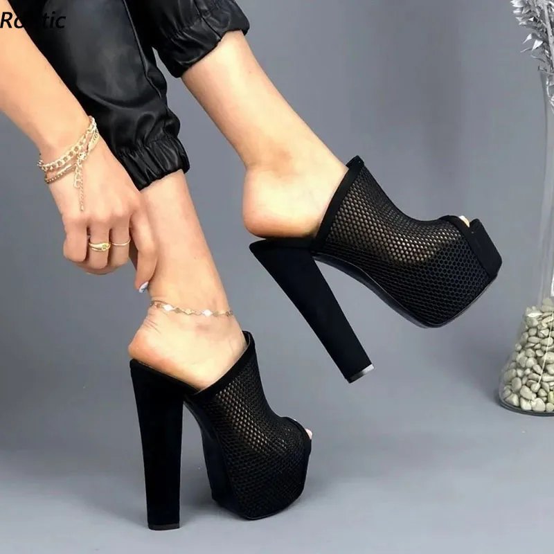 

Rontic Handmade Women Summer Platform Mules Sandals Mesh Chunky Heels Peep Toe Elegant Black Casual Shoes US Size 5-20