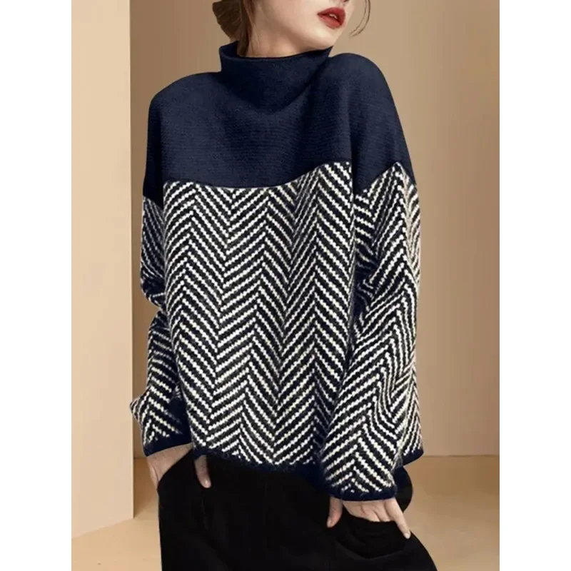 

Spliced Half High Collar Loose Pullovers Soft Warm Sweater Womens Autumn Thick Pulls Casual Striped Knitted Tops Vintage Jumpers