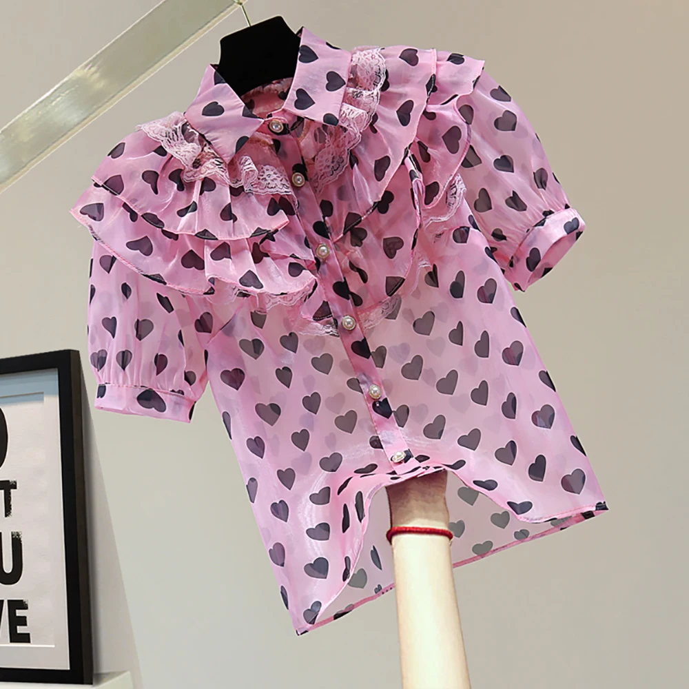Summer Elegant Light Thin Heart Dot Chiffon Women's Shirts Sweet Pearl Buttons Puff Short Sleeve Lady Blouses Lace Patchwork Top
Summer Elegant Light Thin Heart Dot Chiffon Women's Shirts Sweet Pearl Buttons Puff Short Sleeve Lady Blouses Lace Patchwork Top