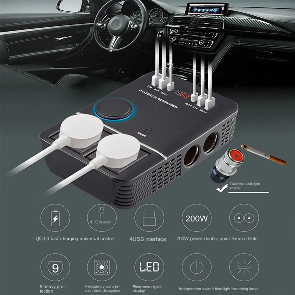 200W Car Inverter DC 12V/24V To AC 220V Converter Outlets 4 USB Fast Charging Universal Socket Power Adapter Car Accessories
200W Car Inverter DC 12V/24V To AC 220V Converter Outlets 4 USB Fast Charging Universal Socket Power Adapter Car Accessories