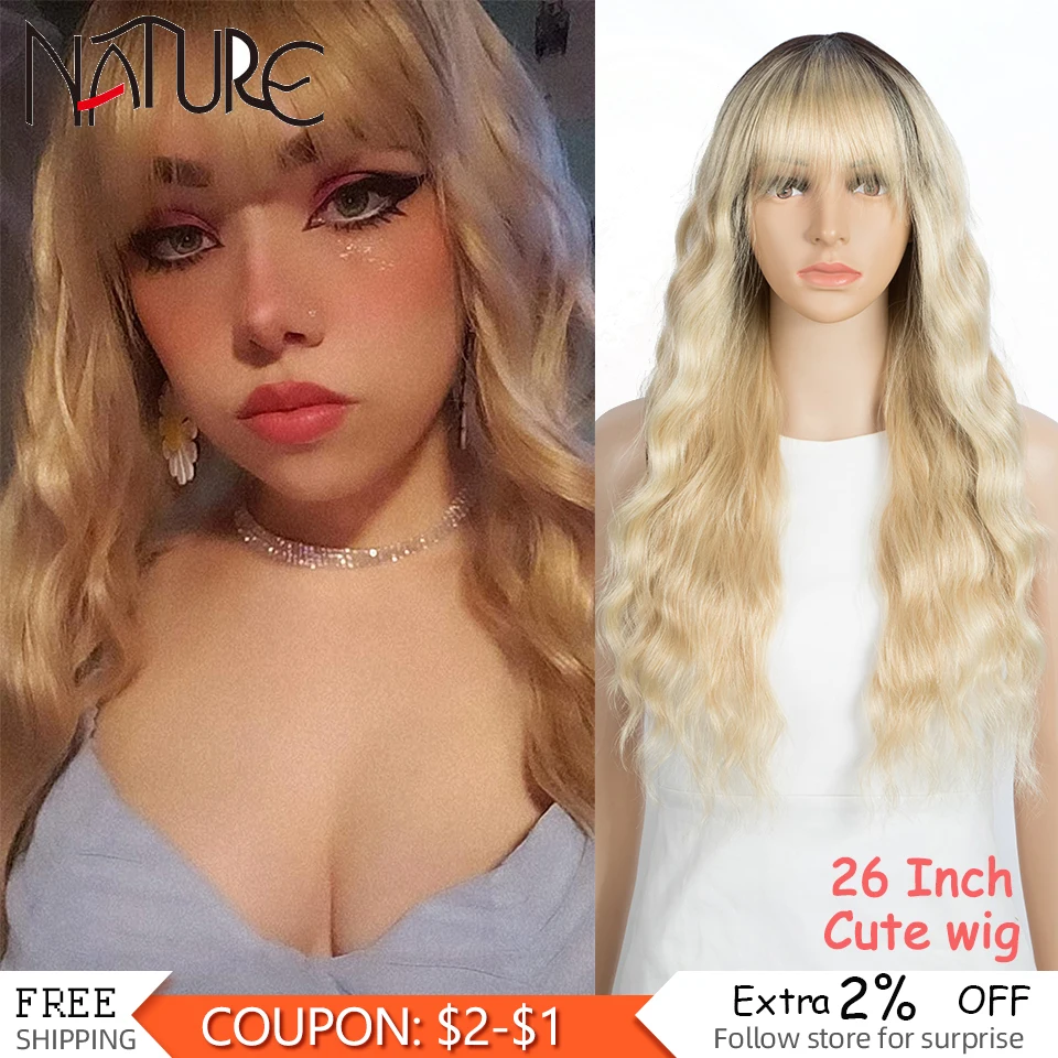 

Nature Ombre Blonde Long Wavy Synthetic Wig with Bangs for Women Natural Black Body Wave Wigs Cosplay Daily Hair Heat Resistant