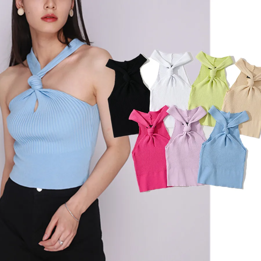

Withered Ins Blogger High Street Retro Bow Knitted Colorful Sexy Short Crop Tops Halter Summer Tshirts Women Camisole