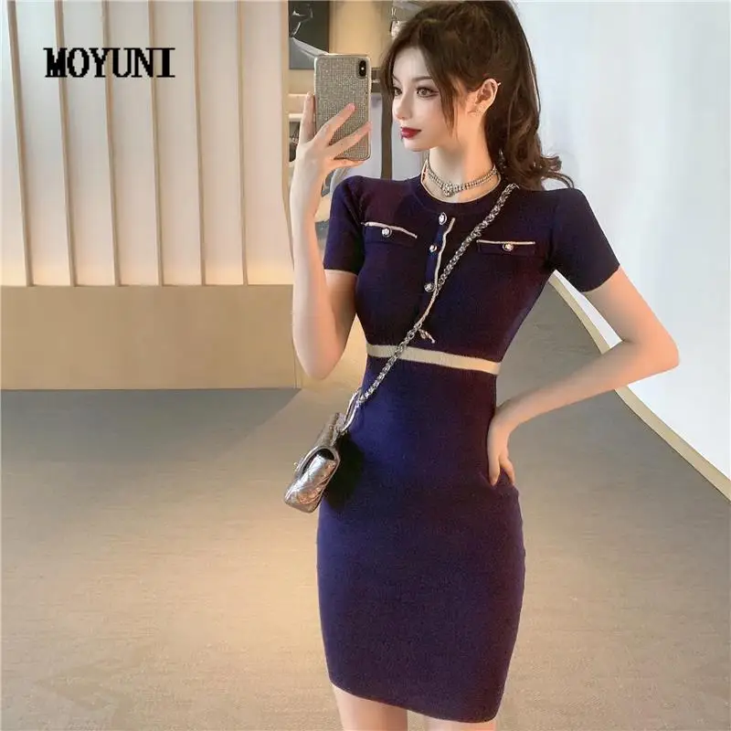 Sexy Slim Stretch Round Short Sleeve Knitted Dress Elegant Vintage Summer Chic Contrast Pencil Hip Ropa Vestidos Mujer
Sexy Slim Stretch Round Short Sleeve Knitted Dress Elegant Vintage Summer Chic Contrast Pencil Hip Ropa Vestidos Mujer
