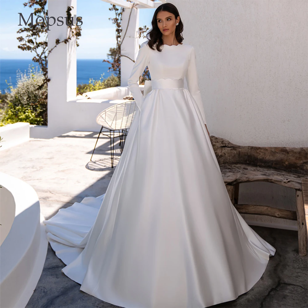Modest Satin Long Sleeves Weddding Dress Scoop Neck Open Back With Bow A Line Bridal Gown Robe De Mariee Custom Made Vestidos
Modest Satin Long Sleeves Weddding Dress Scoop Neck Open Back With Bow A Line Bridal Gown Robe De Mariee Custom Made Vestidos