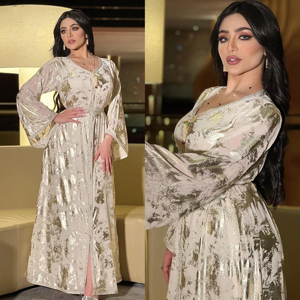 Women Belted Dress Muslim Hot Golden Robe Chiffon Dresses Elegant Lace-up Slim Party Light Luxury Style Femme Evening Long Abaya
Women Belted Dress Muslim Hot Golden Robe Chiffon Dresses Elegant Lace-up Slim Party Light Luxury Style Femme Evening Long Abaya