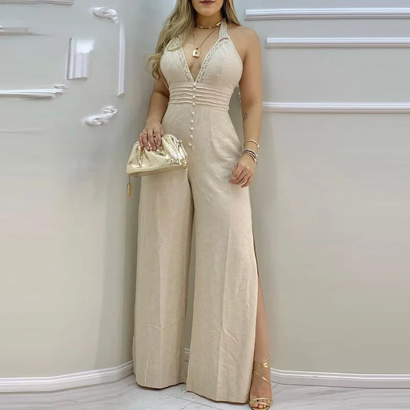 Lace Trim Buttoned Backless Slit Jumpsuit Sexy Sleeveless Summer Jumpsuit Overalls for Women
Lace Trim Buttoned Backless Slit Jumpsuit Sexy Sleeveless Summer Jumpsuit Overalls for Women