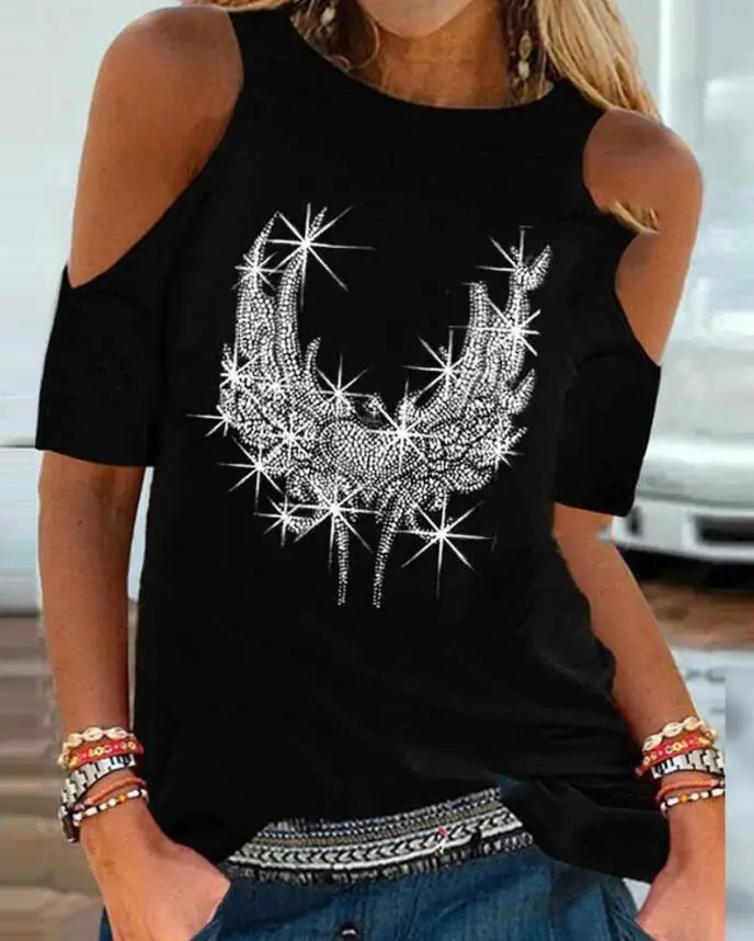 Women Summer Tops Rhinestone Graphic Pattern Cold Shoulder T-Shirt Fashion Casual All-Match Blouse Korean Chic Streetwear
Women Summer Tops Rhinestone Graphic Pattern Cold Shoulder T-Shirt Fashion Casual All-Match Blouse Korean Chic Streetwear