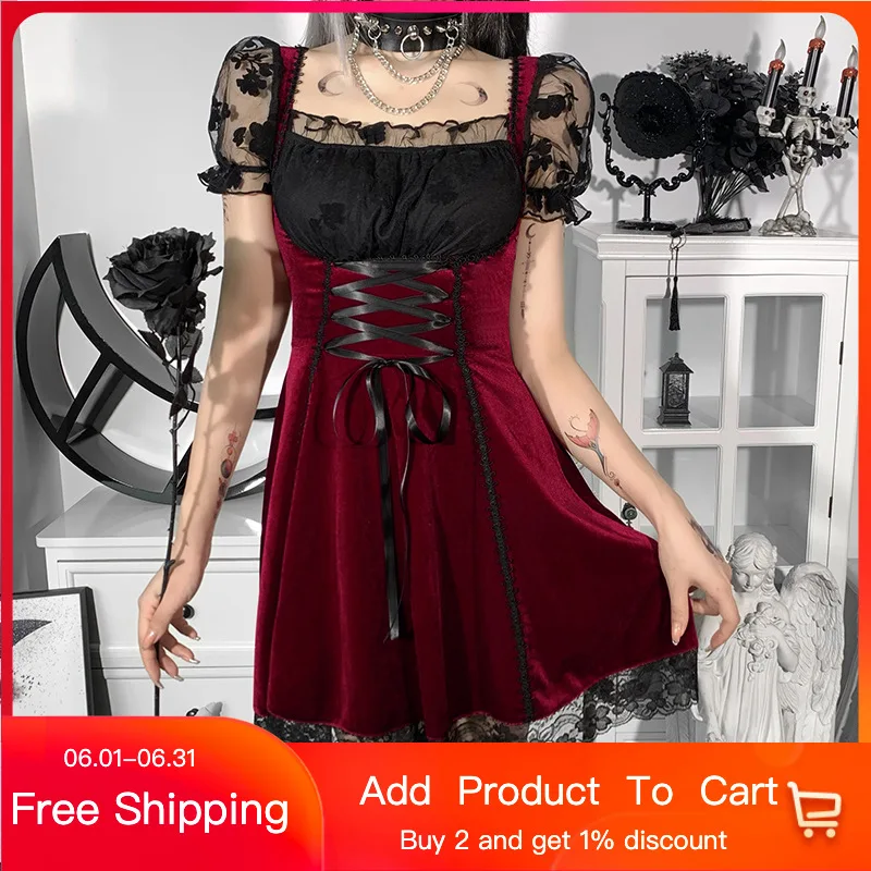 Gothic Vintage Velvet Croset Dress Aesthetic Punk High Waist Lace Mesh Mini Fairy Dresses Grunge Partyclub Dress
Gothic Vintage Velvet Croset Dress Aesthetic Punk High Waist Lace Mesh Mini Fairy Dresses Grunge Partyclub Dress