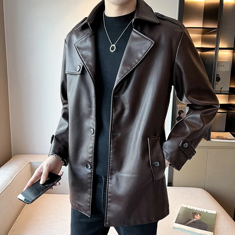 

Men's Mid Length Leather Jacket Lapel Fashion Solid Black Trench Coat Faux Leather Locomotive Motorcycle Jacket Thin PU Outwear